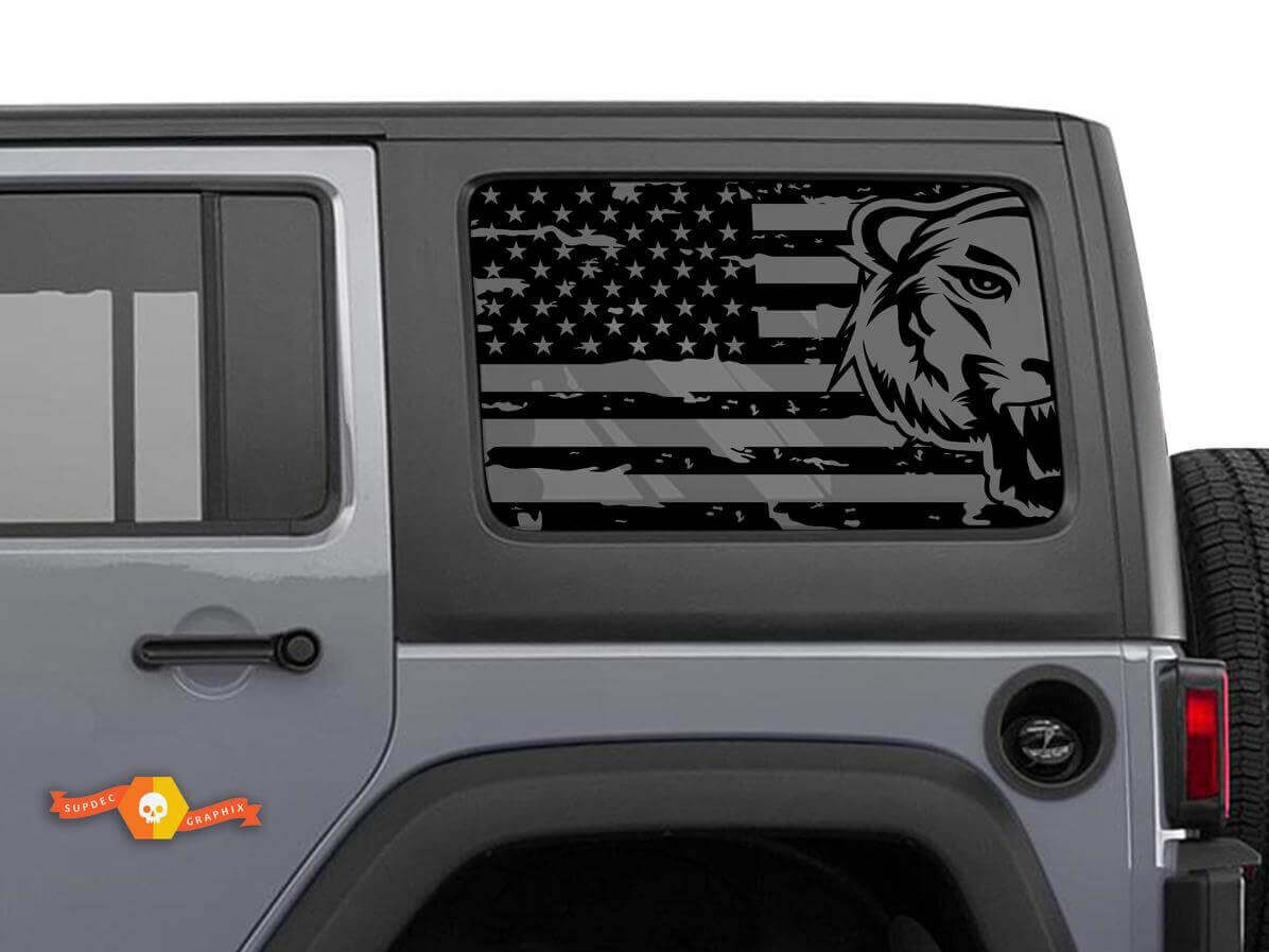 Amerikanische Flagge mit Tiger-Seitenfenster, Jeep Wrangler Rubicon Hardtop-Aufkleber

