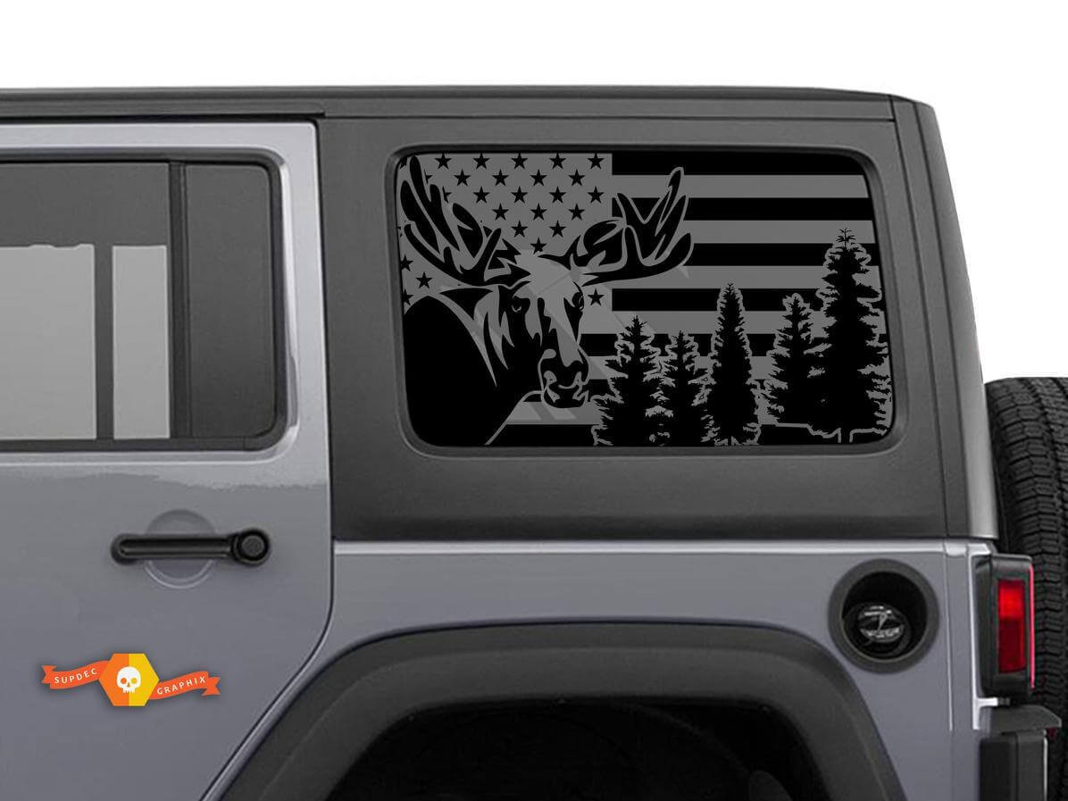 USA-Flagge Elch Wald Seitenscheiben Vinyl-Aufkleber-Set für Jeep Wrangler Hardtop