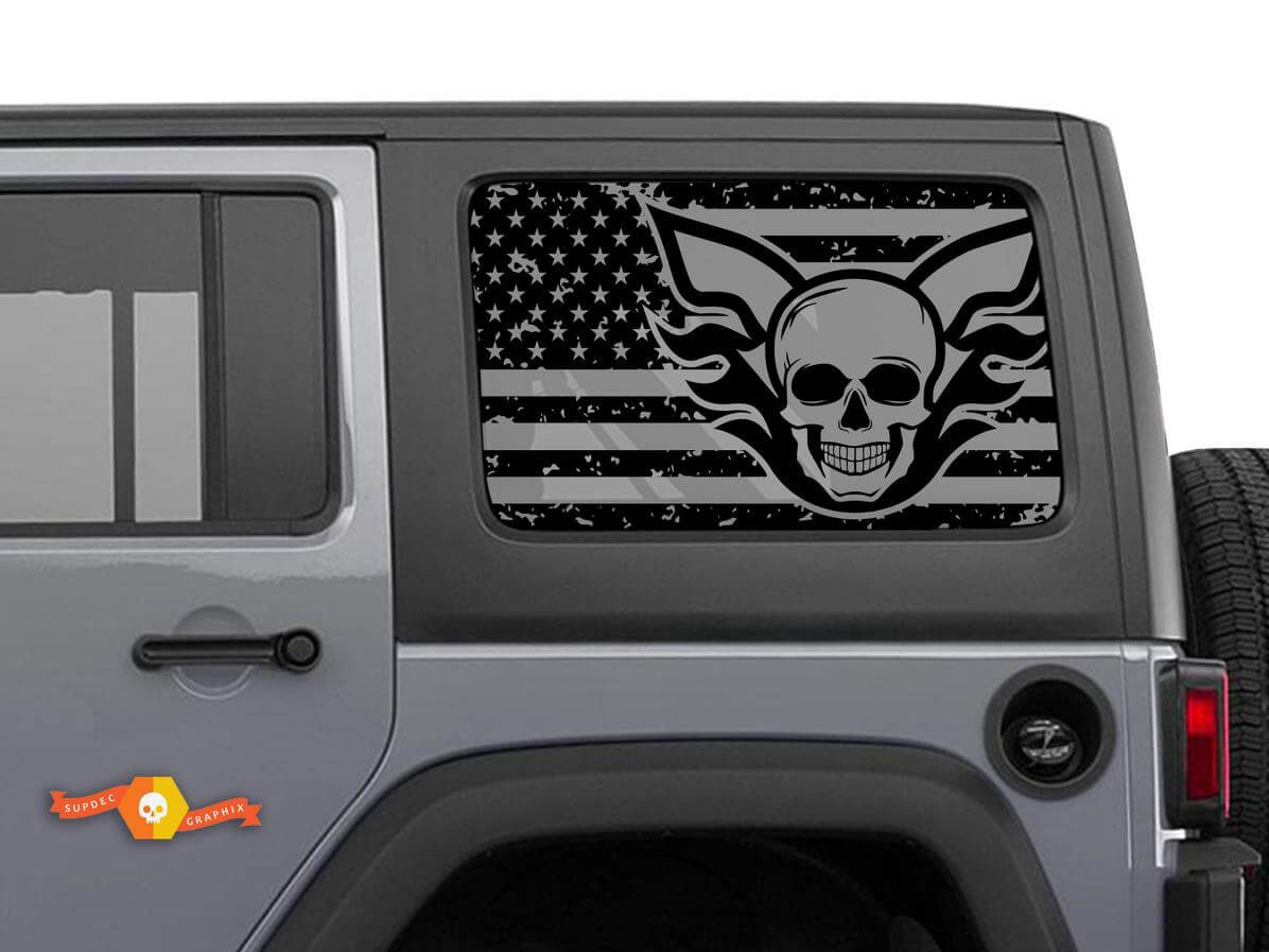USA-Flaggen-Schädel Zerstörtes Windschutzscheiben-Aufkleber-Dekor für Jeep Wrangler Rubicon Hardtop JKU JLU 2007-2019 oder Tacoma 4Runner Tundra Charger Challenger