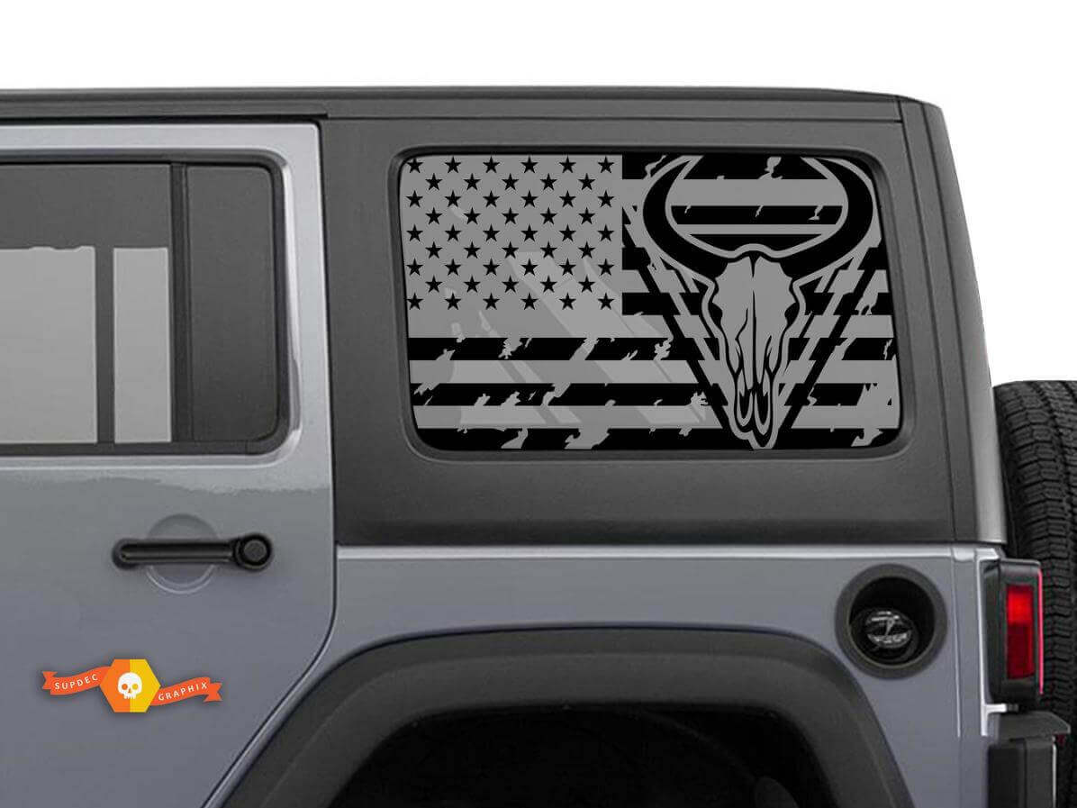 Longhorn-Schädel-Aufkleber mit USA-Flagge für Jeep-Hardtop-Heckscheiben
