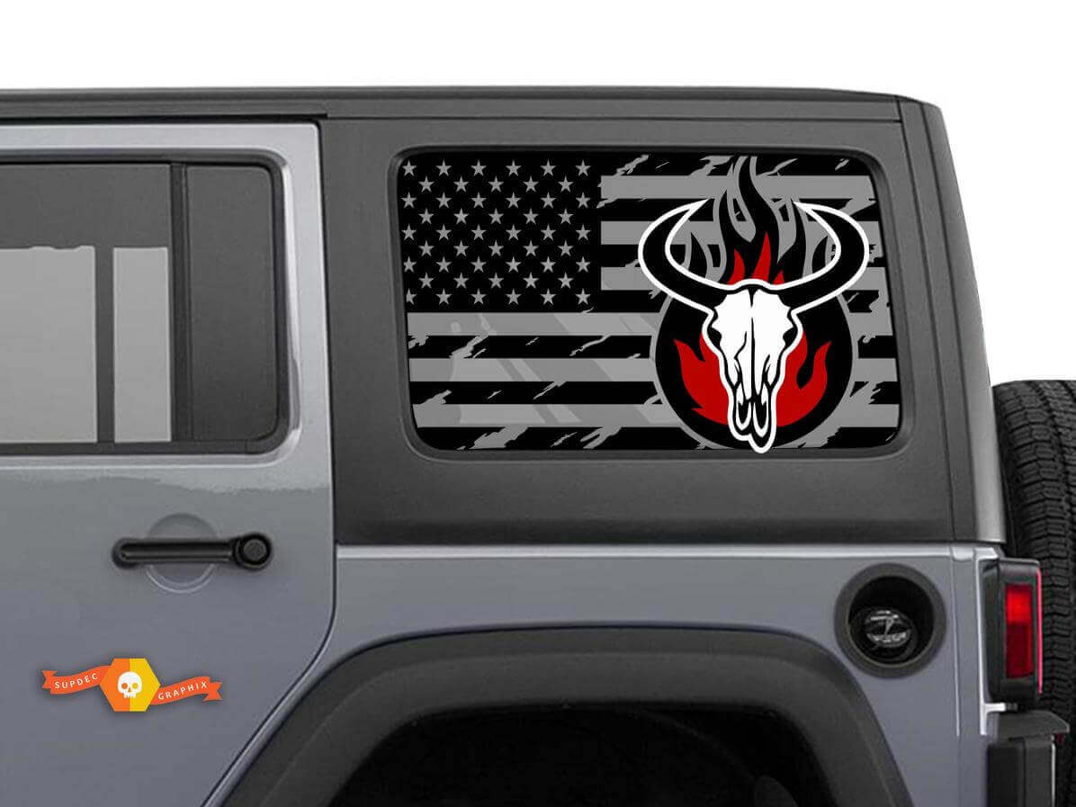 Abgenutztes USA-Flaggen-Bullen-Schädel Seitenfenster-Vinylaufkleber-Set für Jeep Wrangler Hardtop