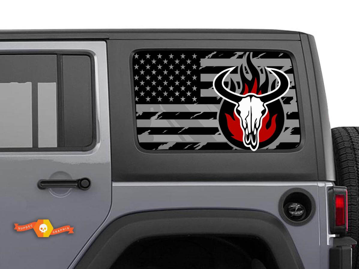 Hardtop USA Flag Schädel Zerstört Feuer Windschutzscheibenaufkleber Decal für Jeep Wrangler Rubicon JKU JLU 2007-2019 oder Tacoma 4Runner Tundra Charger Challenger