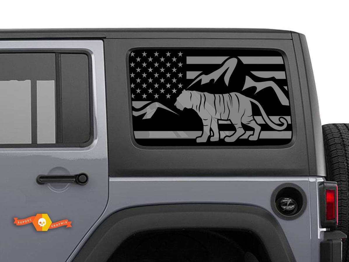 USA-Flagge Tiger Vinyl-Aufkleber-Set für hinteres Seitenfenster für Jeep Wrangler Hardtop