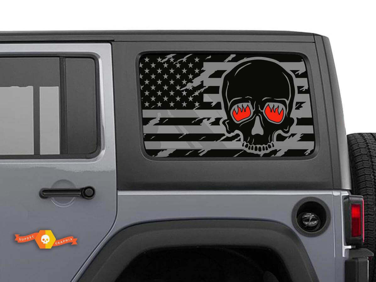 USA-Flaggen-Skull mit brennenden Augen Seitenfenster-Vinylaufkleber für Jeep Wrangler Hardtop