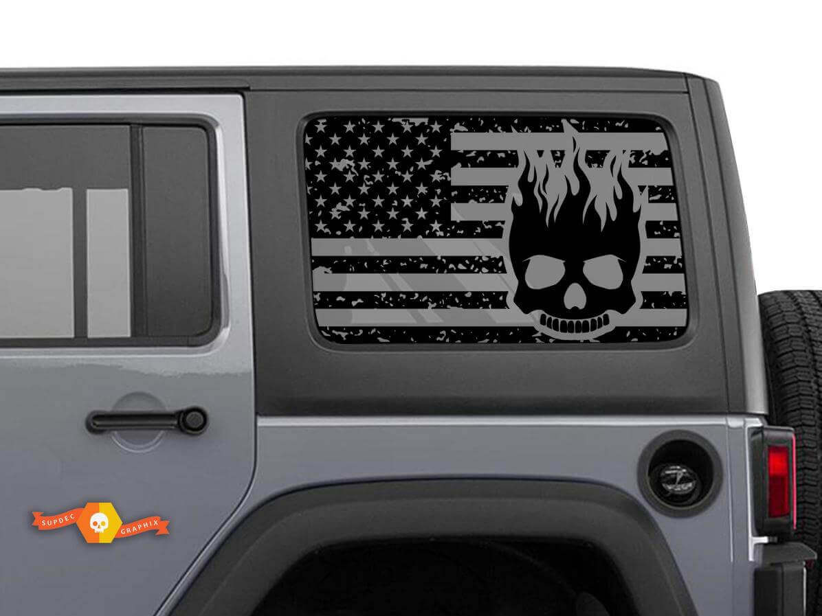 USA-Flaggen-Flammenschädel-Seitenfenster-Vinyl-Aufkleberkit für Jeep Wrangler Hardtop