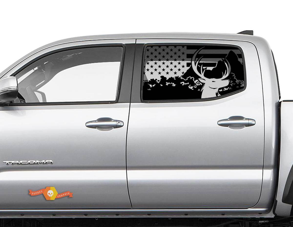 Seitenfenster-Aufkleber „Wald Elch zerstört“ mit amerikanischer Flagge für Toyota Tacoma 4Runner Tundra
