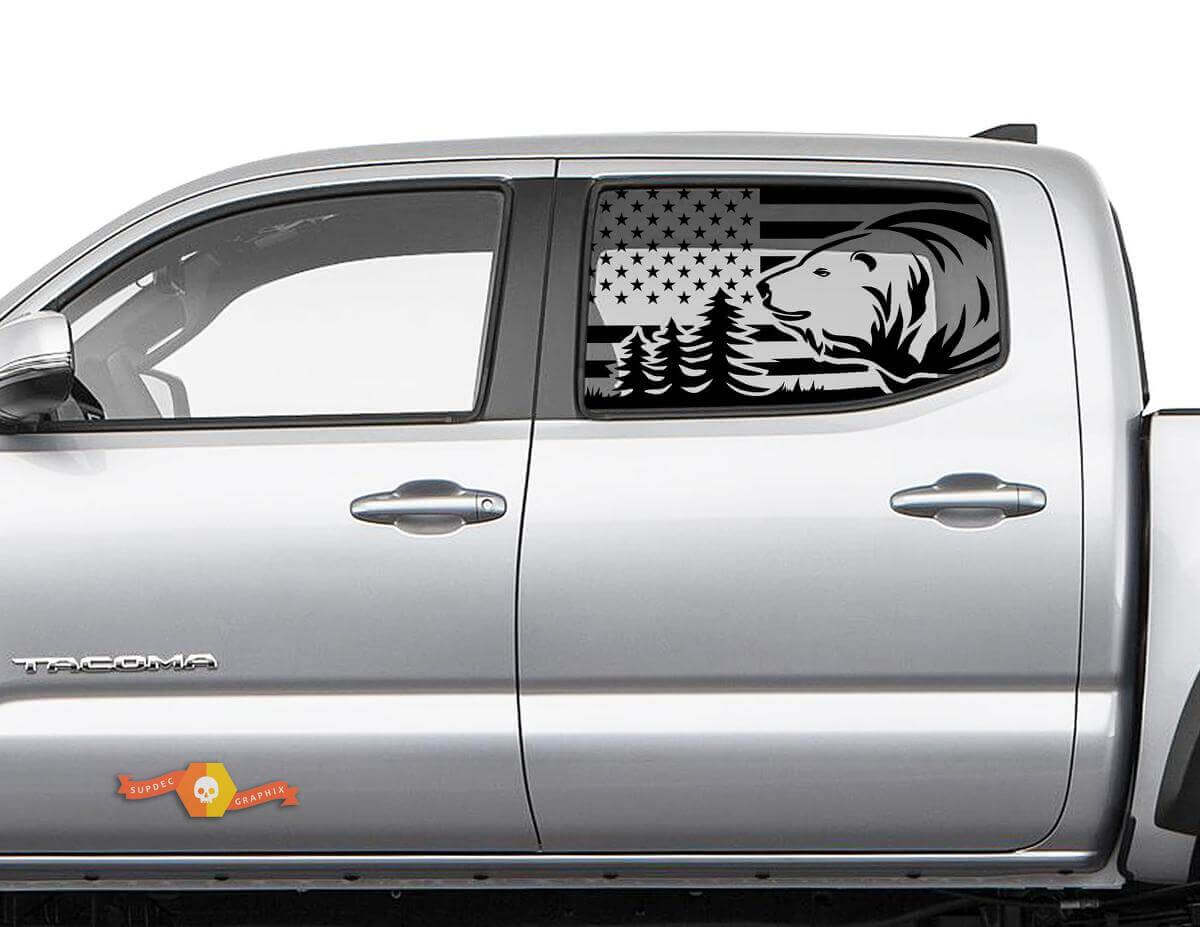 USA-Flaggen-Bären-Wald Heck Seitenscheiben Vinyl-Aufkleber Set für Toyota Tacoma