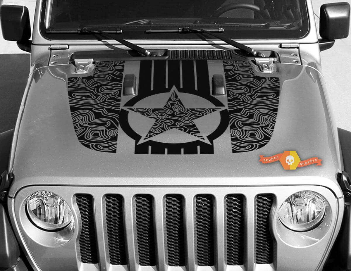 Military Star Topografische Kartenhauben-Vinylaufkleber für Jeep Wrangler und Gladiator