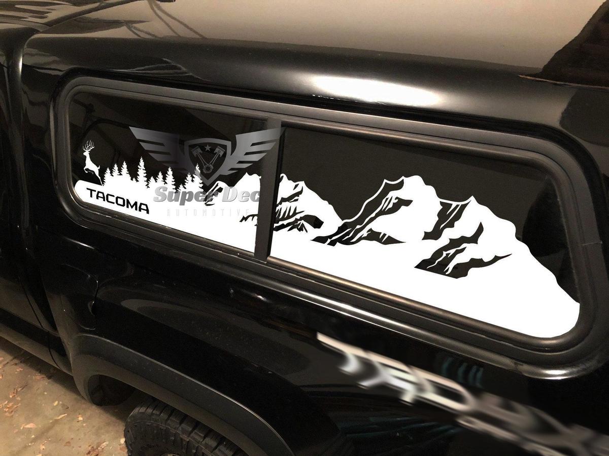Tacoma Bed Topper Fenster, Berge, Bäume und Wolf oder Hirsch oder Forelle, Reise-Vinyl-Aufkleber, passend für Toyota TRD PRO Tacoma 16–21
