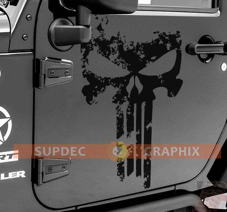 Punisher-Schädel Used-Look Tür Vinyl-Aufkleber Paar für Jeep Wrangler