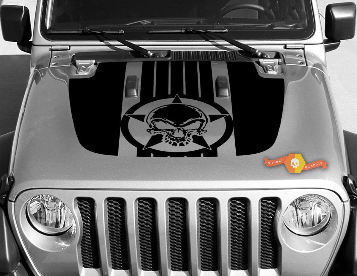 Skull Star Stripes Motorhauben Vinylaufkleber für Jeep Wrangler JL JLU und Gladiator JT