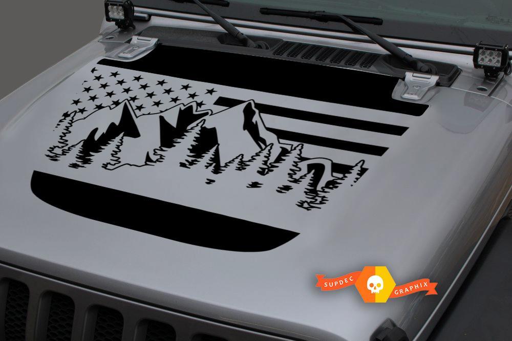 Jeep 2018-2021 Gladiator JT Wrangler JL JLU Motorhaube USA Flagge Berge Wald Einzigartige Vinyl Aufkleber Aufkleber Grafiken