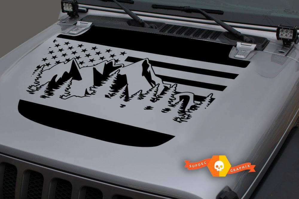 Jeep 2018-2021 Gladiator JT Wrangler JL JLU Motorhaube USA Flagge Berge Wald Einzigartige Vinyl-Aufkleber-Grafik
