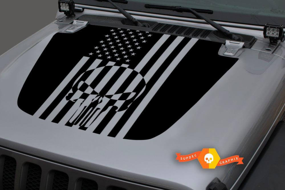 Jeep 2018–2021 Gladiator JT Wrangler JL JLU Motorhaube Punisher Skull USA Flagge Vinyl Aufkleber Aufkleber Grafik
