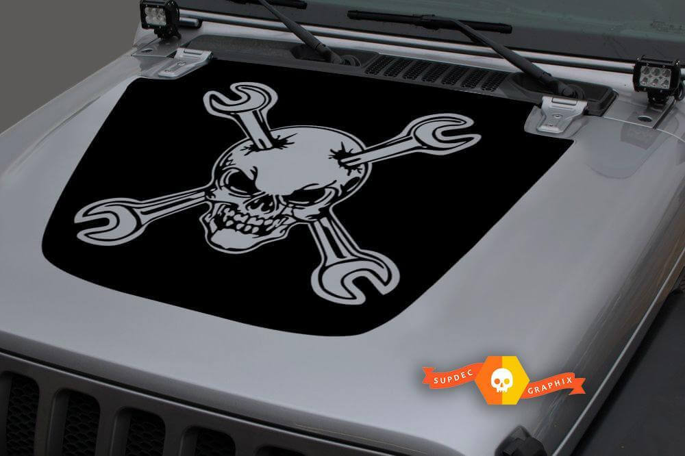 Totenkopf und gekreuzte Schraubenschlüssel Hauben-Vinylaufkleber für Jeep Wrangler JL JLU und Gladiator JT