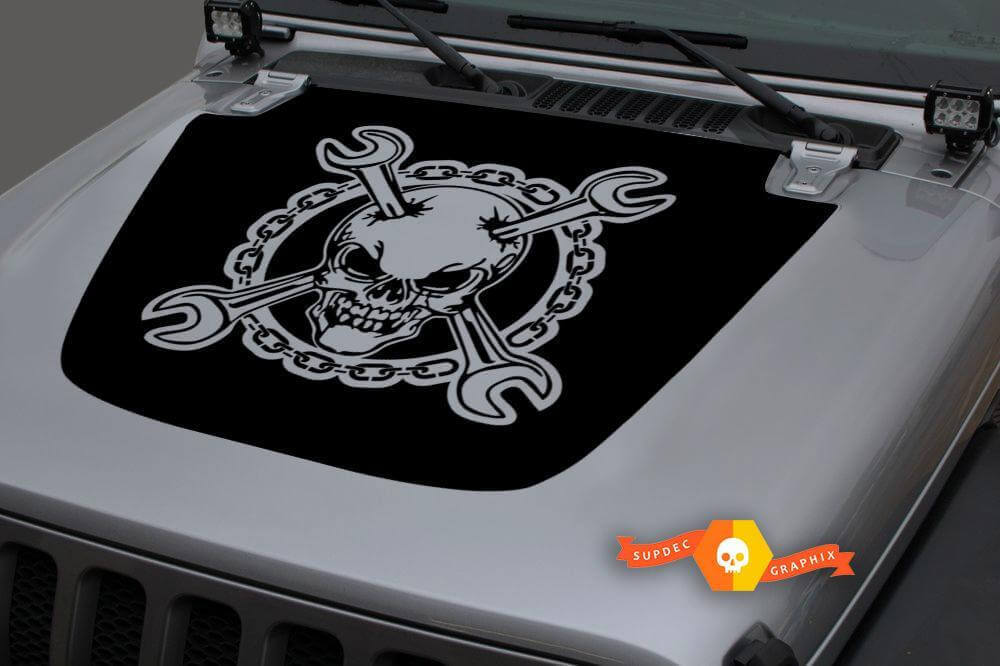 Totenkopf mit gekreuzten Schraubenschlüsseln Kettenhaube Vinyl-Aufkleber für Jeep Gladiator Wrangler