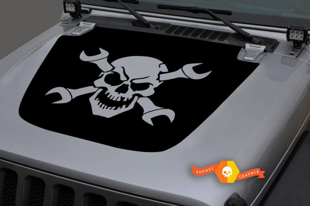Totenkopf mit gekreuzten Schraubenschlüsseln Motorhauben-Vinylaufkleber für Jeep Wrangler Gladiator