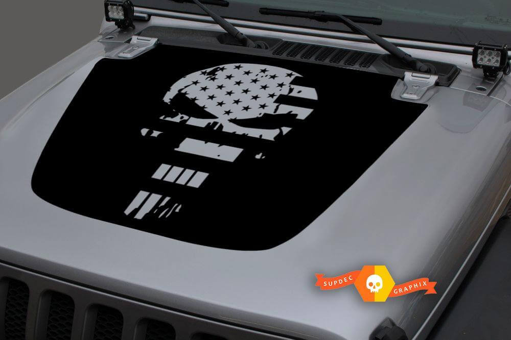 Punisher-Stil USA Flagge Totenkopf Hauben Vinyl-Aufkleber für Jeep Wrangler Gladiator