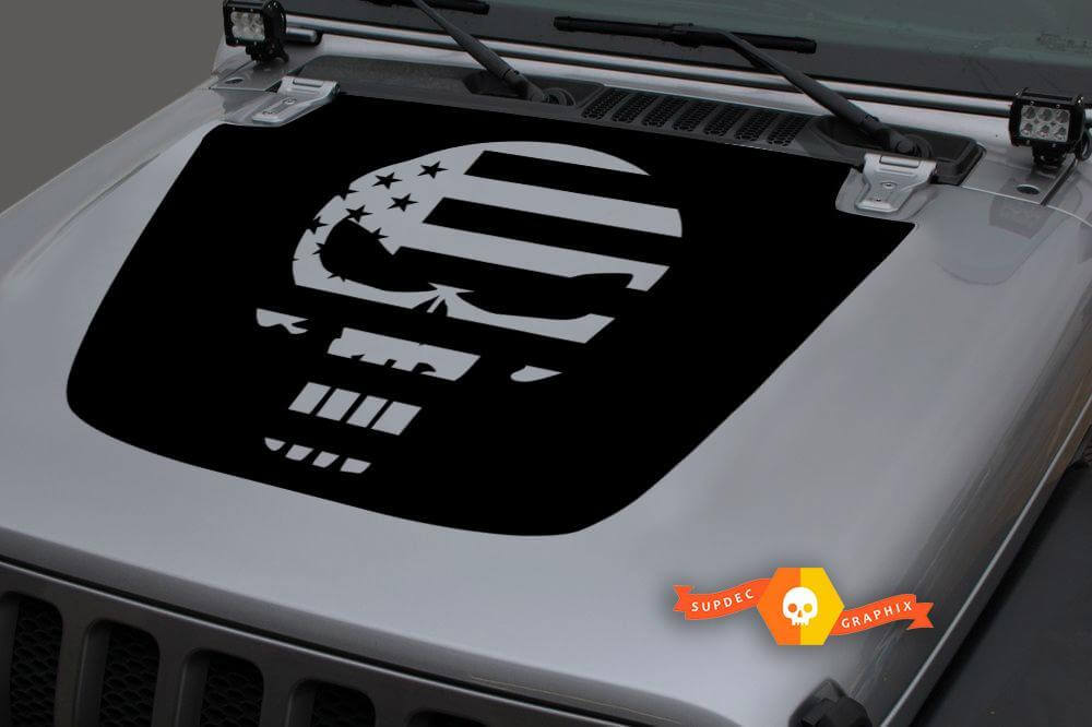 Punisher-Schädel US-Flagge Motorhauben-Vinylaufkleber für Jeep Wrangler JL JLU und Gladiator JT