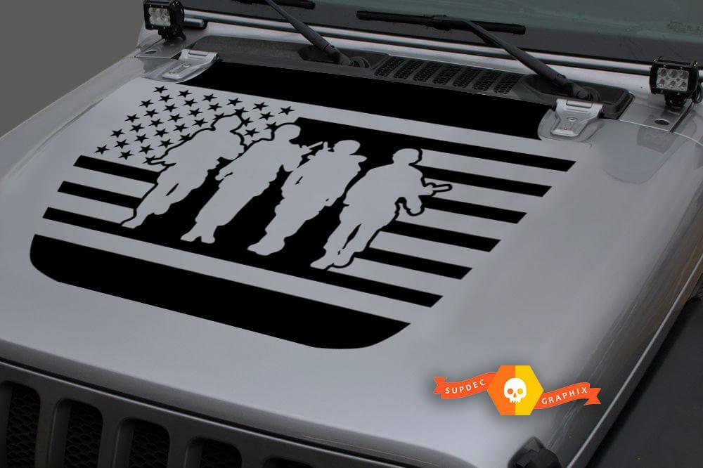 US-Flagge Vier Soldaten Motorhauben-Vinylaufkleber für Jeep Wrangler JL JLU und Gladiator JT