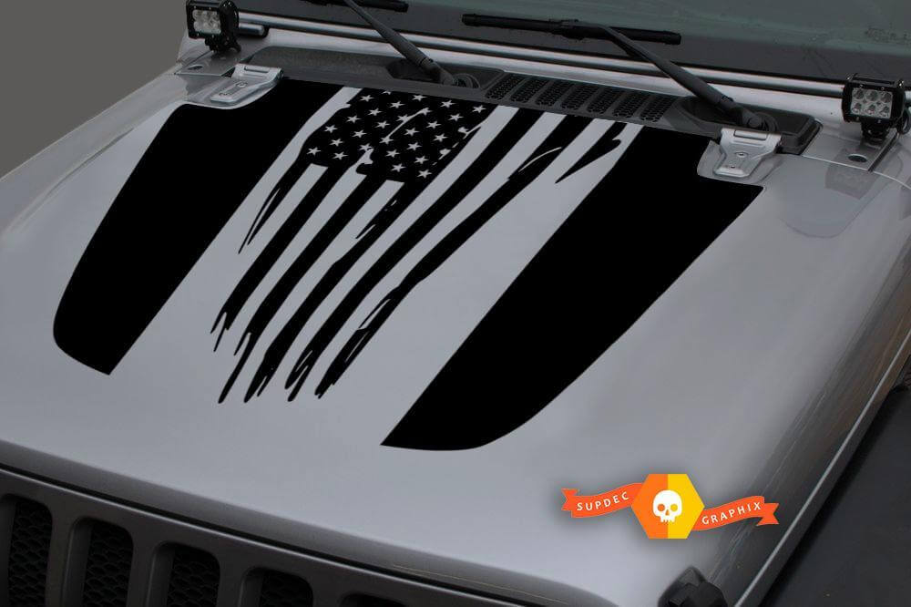 Abgenutzter Aufkleber mit Amerikanischer Flagge für die Motorhaube des Jeep Wrangler JL JLU und Gladiator JT