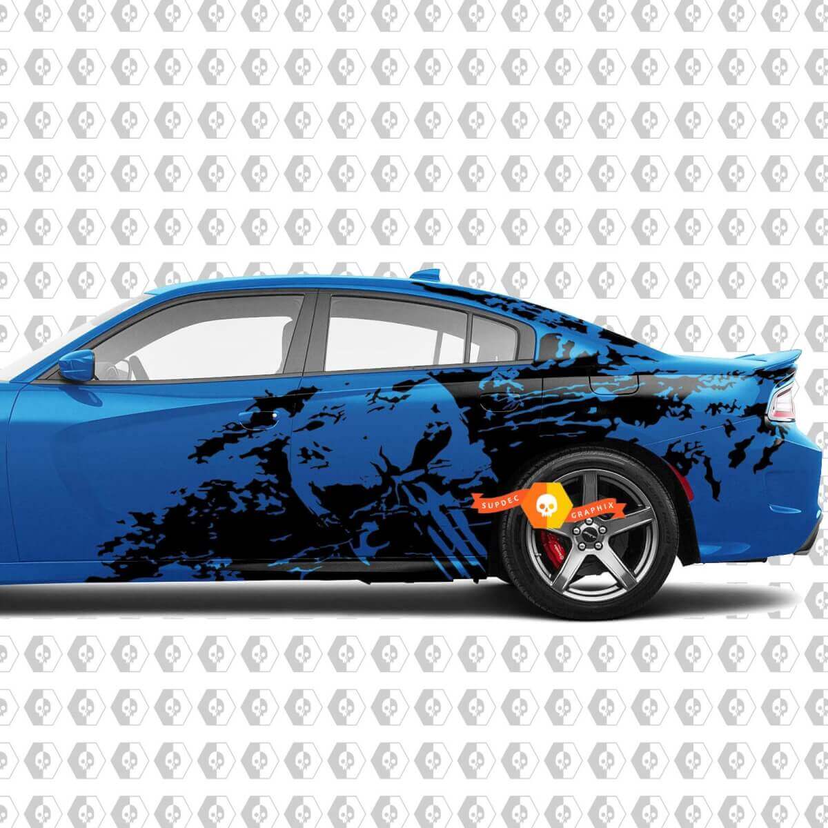 Punisher Skull Schlamm-Spritzschutz Motorhaube & Seiten Vinyl-Aufkleber-Set für Dodge Challenger Charger