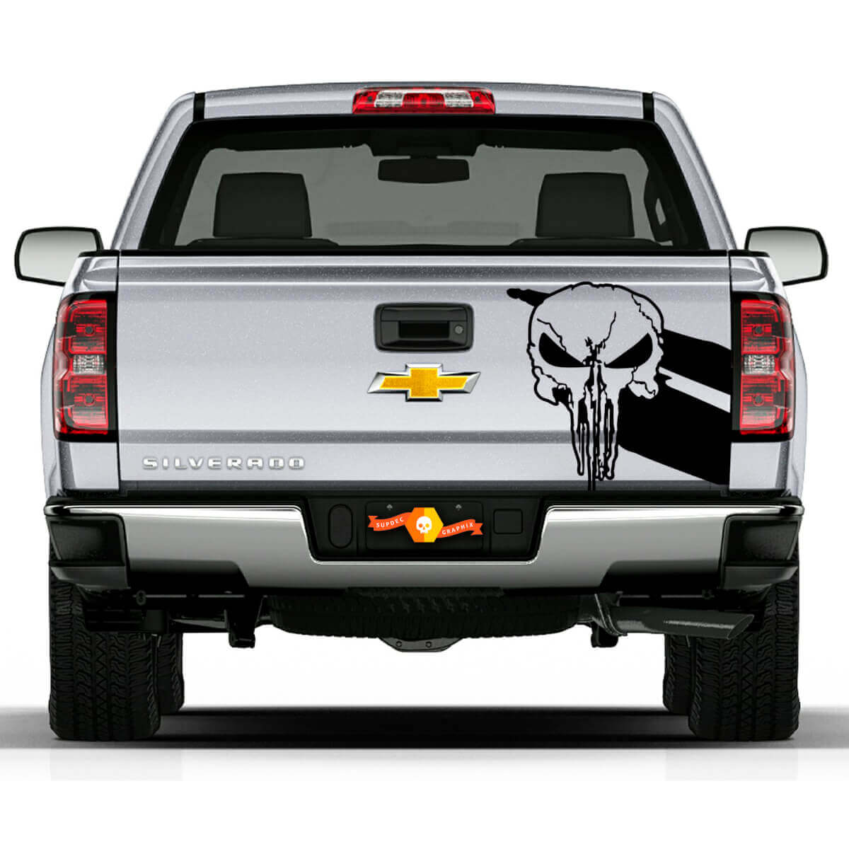 Punisher Skull Twin Stripes Heckklappen-Vinylaufkleber für Chevy Dodge Toyota Jeep Trucks