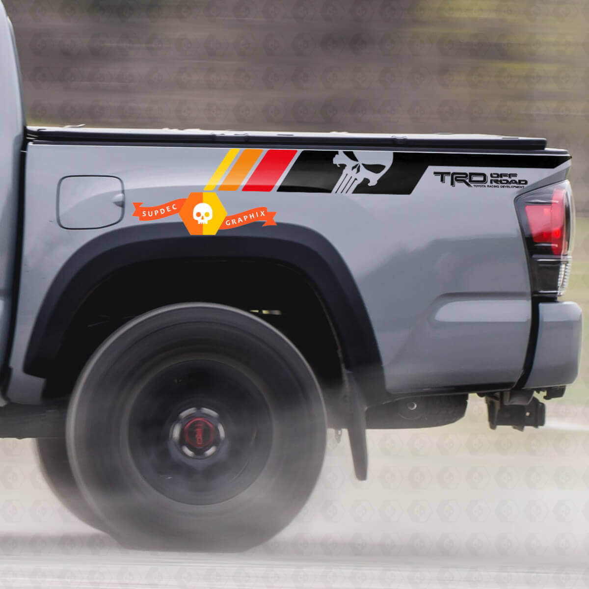 Paar TRD Sport PRO Offroad-Vintage-Farben Punisher-Streifen für Tacoma-Seiten-Vinyl-Aufkleber, passend für Toyota Tacoma 2005–2020
