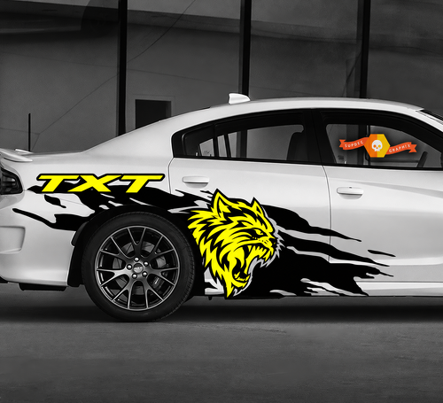 TXT Individuelle Katzenkopf Gelbspritzer Paar Seiten-Heckkotflügel Vinyl-Aufkleber Sticker für Dodge Challenger 2009-2019