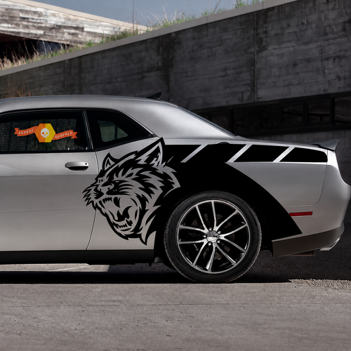Paar seitliche Billboard-Vinylstreifen mit individuellem Katzenkopf für Dodge Challenger SRT, Hellcat