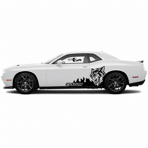 Paar seitliche Vinyl-Aufkleber mit Flammen und individuellem Katzenkopf für Dodge Challenger SRT, Hellcat