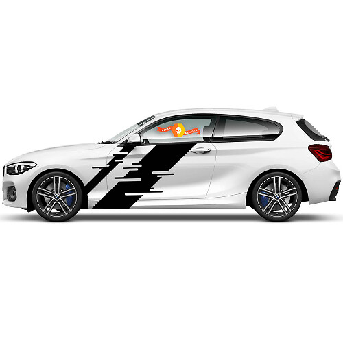 Paar Vinylaufkleber Grafikaufkleber Seite BMW 1er Serie 2015 Schwarz mit geschlitztem Streifen
