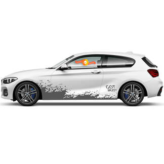 2 x Vinyl-Aufkleber, grafische Aufkleber für die Seite, BMW 1er-Serie 2015, Zeichnung, fliegender Schlamm, neu
