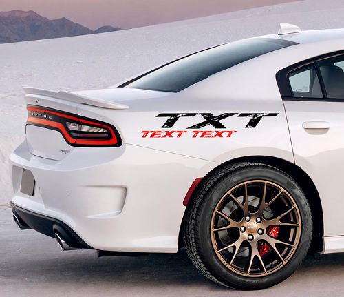 SRT Scat Pack Style TXT TEXT TEXT Black Red Distressed Pair — Vinylaufkleber (hinterer Kotflügel) für Dodge Charger