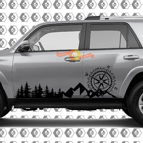 Seitenbäume Berge und riesiger Kompass Seiten-Vinyl-Aufkleber passend für Toyota 4Runner 13-22 TRD Fünfte Generation
