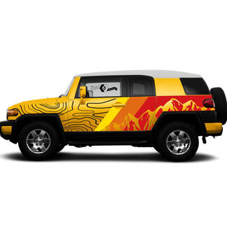 Paar Toyota FJ Cruiser Seitentüren Vintage Sunset Colors Style Cut Big Mountains Contour Map Stripe Decal Truck Wrap
