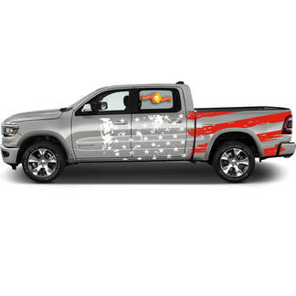 Paar Dodge Ram Rebel Distressed Flag USA 2021+, zweifarbig, Türbett, Seitenstreifen, Grunge-LKW-Vinyl-Aufkleber, Grafik
