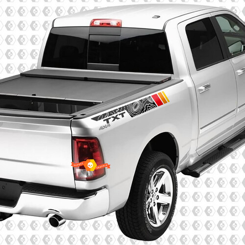 Topografische Seitentruckstreifen für Dodge Ram 4x4 1500 2500 Rebel mit Vintage-Streifen-Aufklebern von SupDec.
