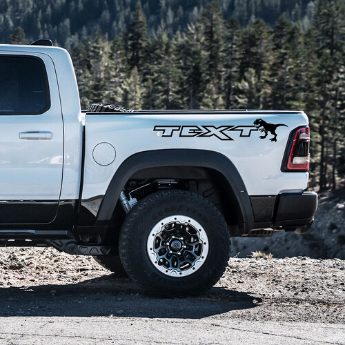 T-Rex-Silhouette mit benutzerdefiniertem Text Aufkleber aus Vinyl für RAM 1500 Rebel, TRX 2019-2026