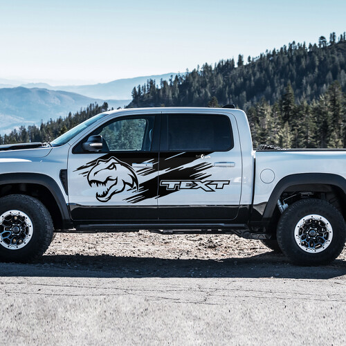T-Rex Kopf Grunge Custom Text Seiten Tür Vinyl Aufkleber für RAM 1500 Rebel, TRX 2019-2026
