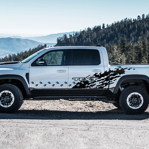 T-Rex Fußabdrücke Splash benutzerdefinierter Text Seitenbett Tür Vinyl Aufkleber Sticker für RAM 1500 Rebel, TRX 2019-2026
