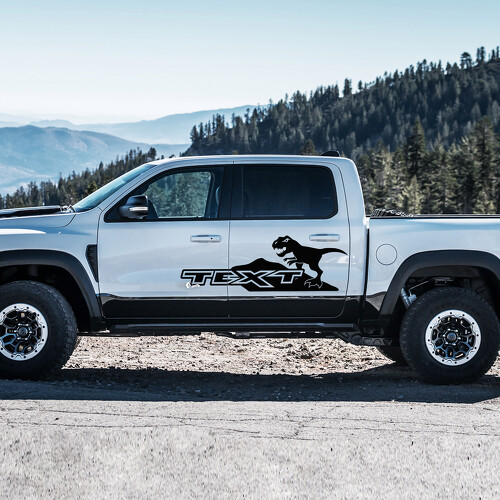 T-Rex Mountains Benutzerdefinierter Text Seiten-Tür Vinyl-Aufkleber für RAM 1500 Rebel, TRX 2019-2026