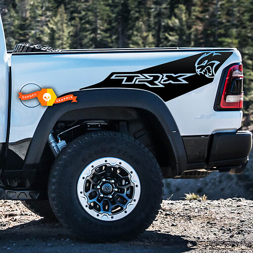 Paar Dodge Ram TRX Hellcat 2021+ Splash Grunge Ram Head Logo Truck Vinyl Aufkleber Aufkleber Bett Grafik

