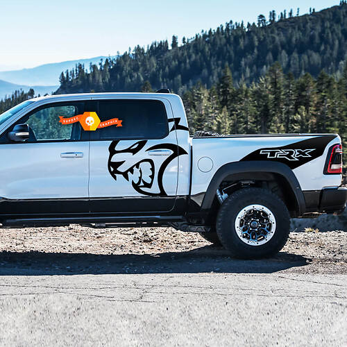 Paar Dodge Ram TRX Hellcat 2021+ Splash Ram Kopf Türen Bett Logo LKW Vinyl Aufkleber Aufkleber Bett Grafik

