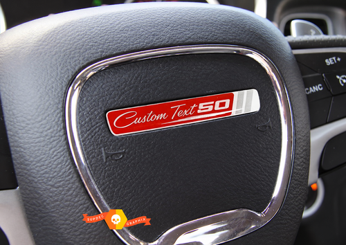 50th Anniversary Red Silver Script Custom Text Domed Insert — Vinylaufkleber (Lenkrad) für Dodge Challenger