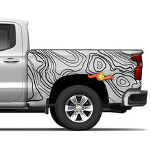 Side Tailgate Truck Chevrolet Silverado Topografische Karte, Konturhintergrund, Topo-Karte, ausgeschnittene Vinyl-Aufkleber, Grafikaufkleber
 2