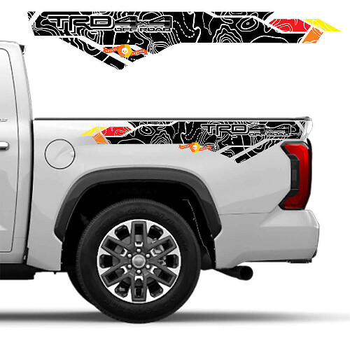 TRD 4x4 Off Road Vintage Farben Topografische Karte Bettseite Vinyl Aufkleber passend für Toyota Tundra Dritte Generation XK70 2021 - auf
