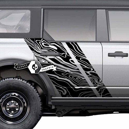 Paar seitliche topografische Kartengrafiken mit Spritzschutz für Türen, Aufkleber für Musclecar horse 2021, 2022, 2023
