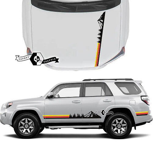 Paar 4Runner 2023 Seitentürhaube Old School Sonnenuntergang Vinyl Berge Wald Aufkleber Streifenaufkleber für Toyota 4Runner TRD
