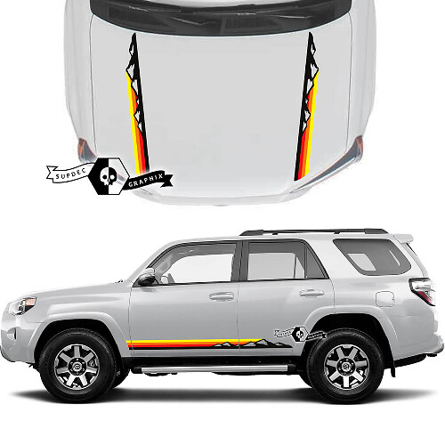 Paar 4Runner 2023 Seitentürhaube Old School Sunset Vinyl Mountains Aufkleber Streifenaufkleber für Toyota 4Runner TRD Kit
